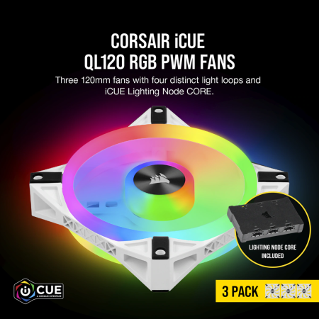 Corsair Icue QL120 3 Fan Pack With Lightning Node Core Case Fan - White (CO-9050104-WW)