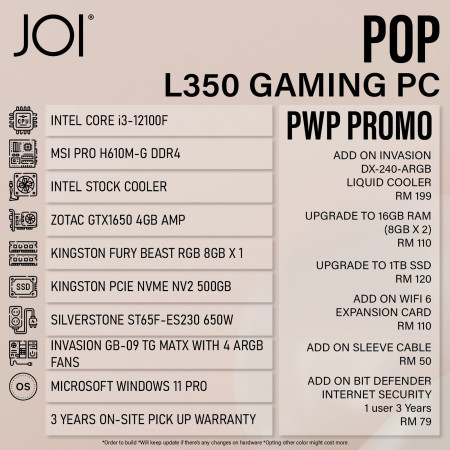 JOI POP L350 GAMING PC ( i3-12100F, 16GB, 500GB, GTX1650 4GB, W11P )