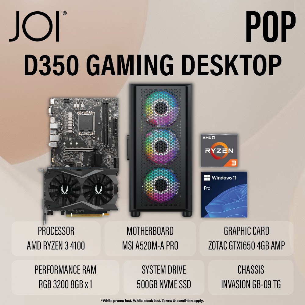 JOI POP D350 GAMING PC ( RYZEN 3 4100, 8GB, 500GB, GTX1650 4GB