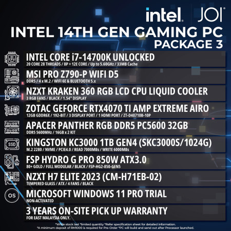 JOI INTEL 14TH GEN GAMING PC ( CORE I7-14700K, 32GB, 1TB, RTX4070TI 12GB )