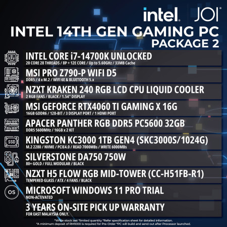 JOI INTEL 14TH GEN GAMING PC ( CORE I7-14700K, 32GB, 1TB, RTX4060TI 16GB )