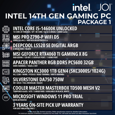 JOI INTEL 14TH GEN GAMING PC ( CORE I5-14600K, 32GB, 1TB, RTX4060TI 8GB )