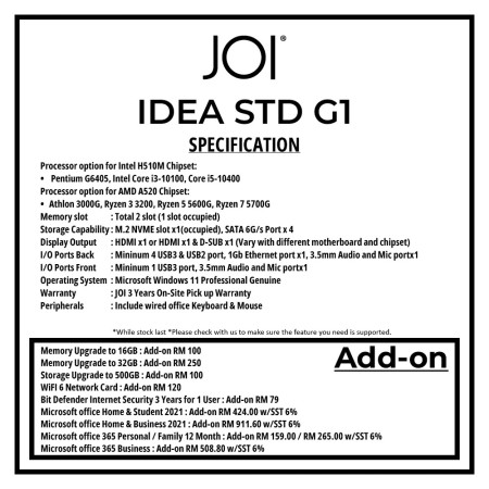 JOI IDEA STD G1 DESKTOP PC ( CORE i5-10400, 8GB, 256GB, Intel, W11P )