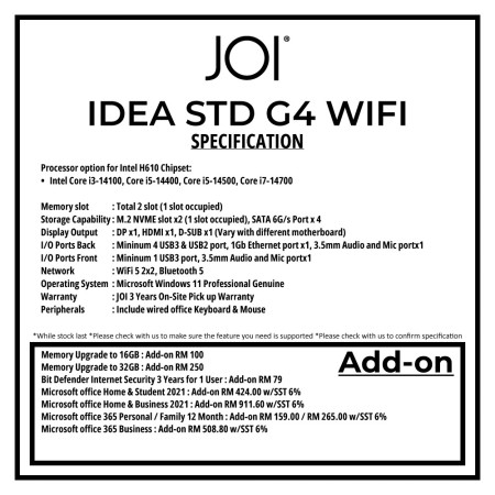 JOI IDEA STD WIFI G4 DESKTOP PC ( CORE i3-14100, 8GB, 256GB, Intel, W11P )