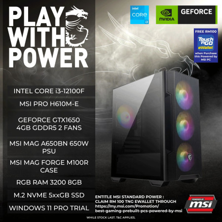 JOI GAMING PC POWERED BY MSI L2 ( CORE I3-12100F, 8GB, 5XXGB, GTX1650 4GB )