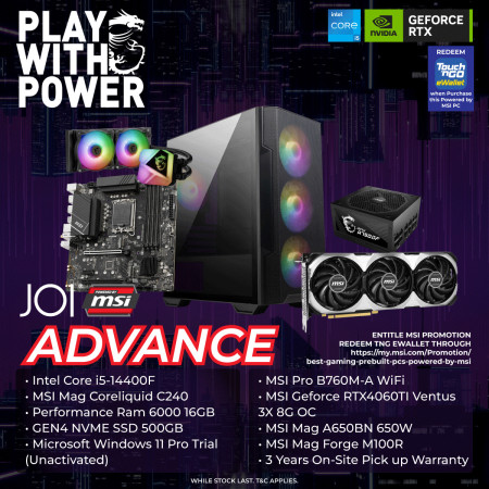 JOI GAMING PC POWERED BY MSI ADVANCE ( CORE I5-14400F, 16GB, 5XXGB, RTX4060TI 8GB )