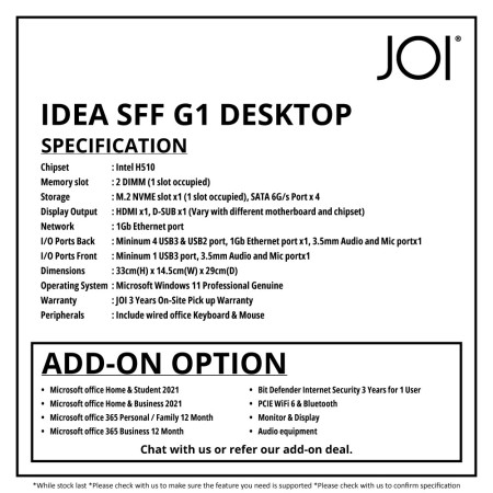 JOI IDEA SFF G1 DESKTOP PC ( PENTIUM G6405, 8GB, 512GB, INTEL, W11P )